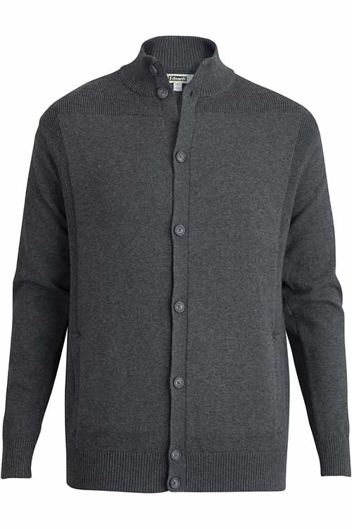 RIB COLLAR BUTTON-FRONT CARDIGAN WITH POCKETS